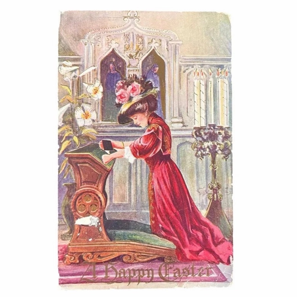 1909 Postcard A Happy Easter Victorian Woman Praying in Church Scene Embossed